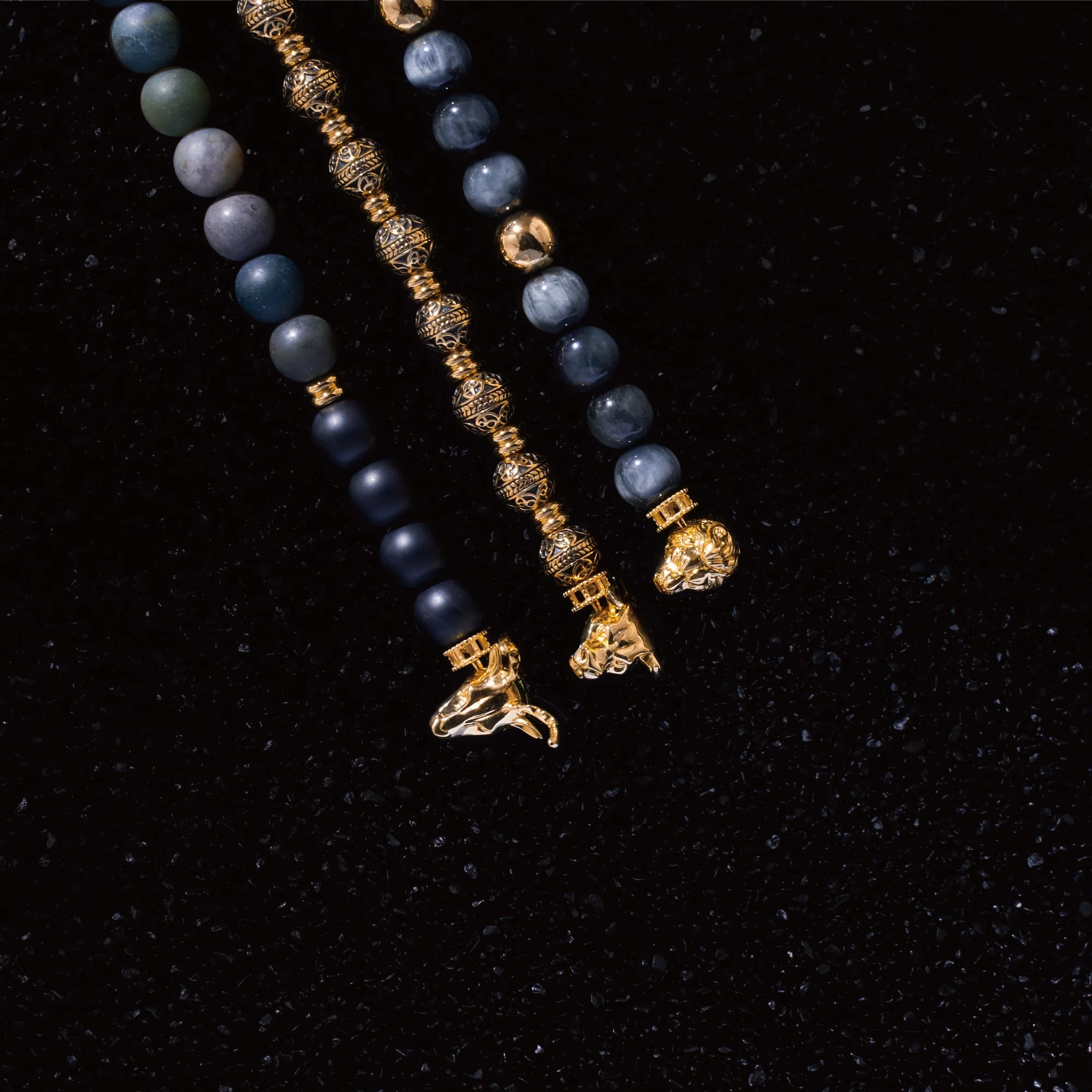 Gold Bull, Matt obsidian bracelet with gold beads - Image 3